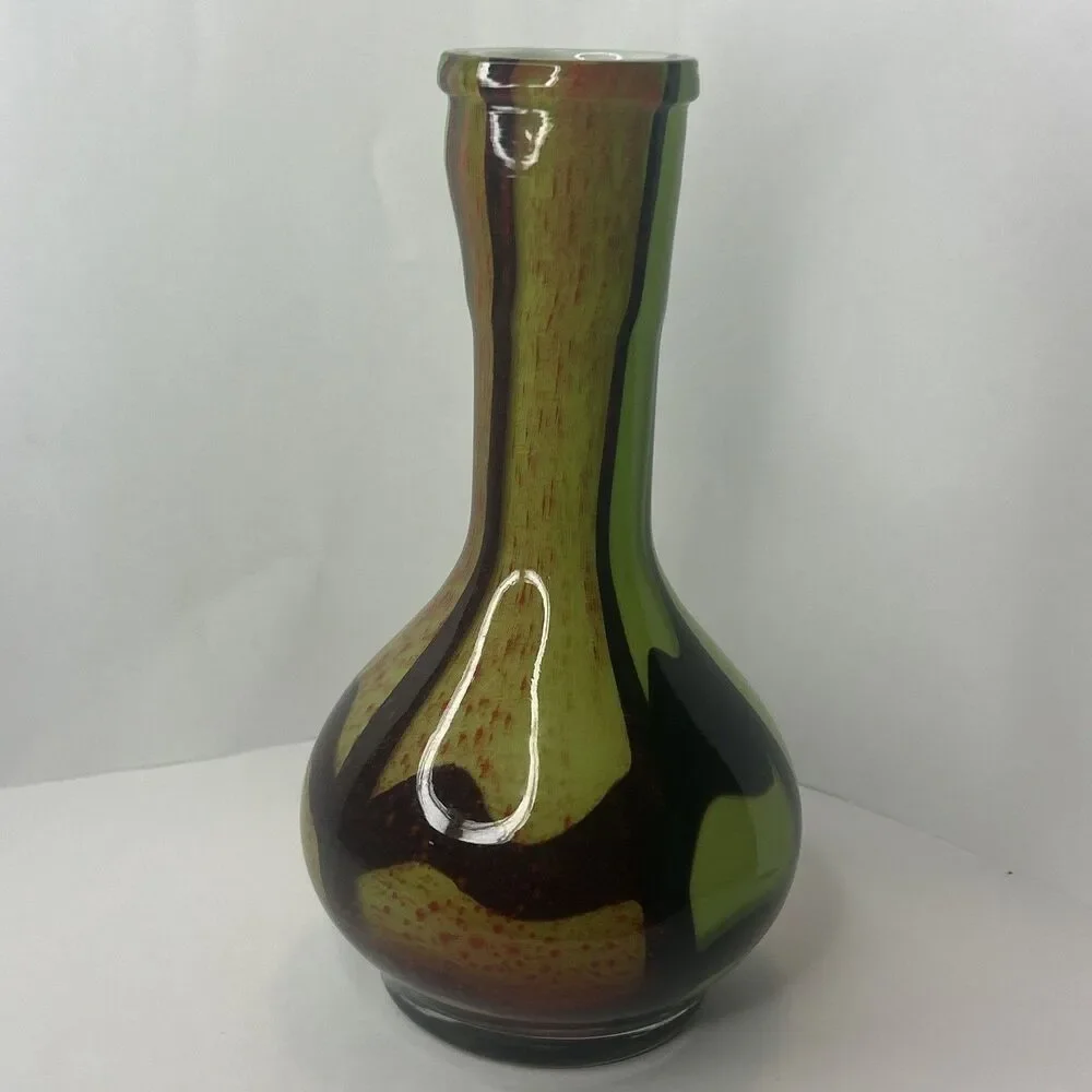MCM Vtg Green Red Hand Blown Murano Vase 11 Inches